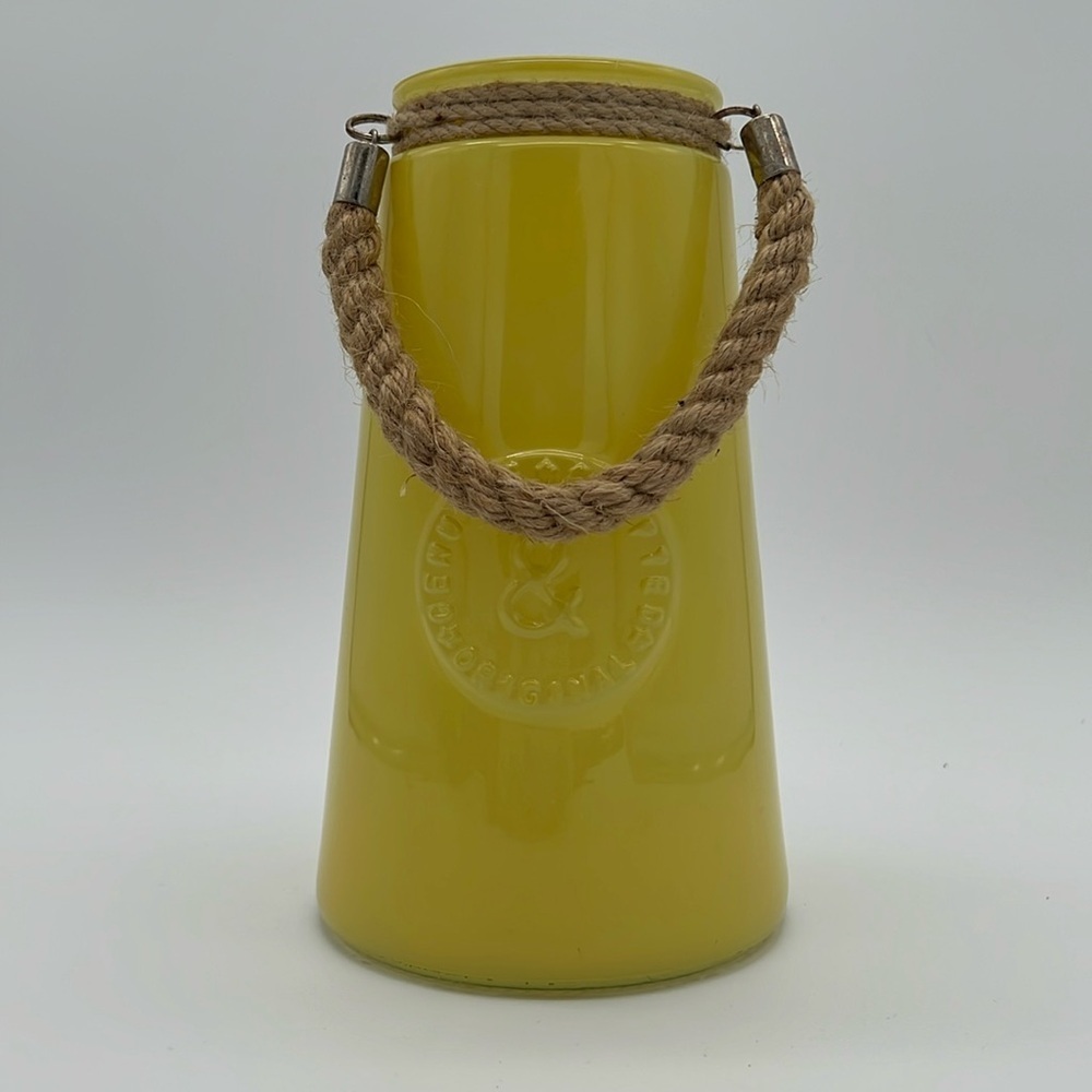 “Genuine & Crafted Original” Yellow Glass Jar/Vase with Rope Handle